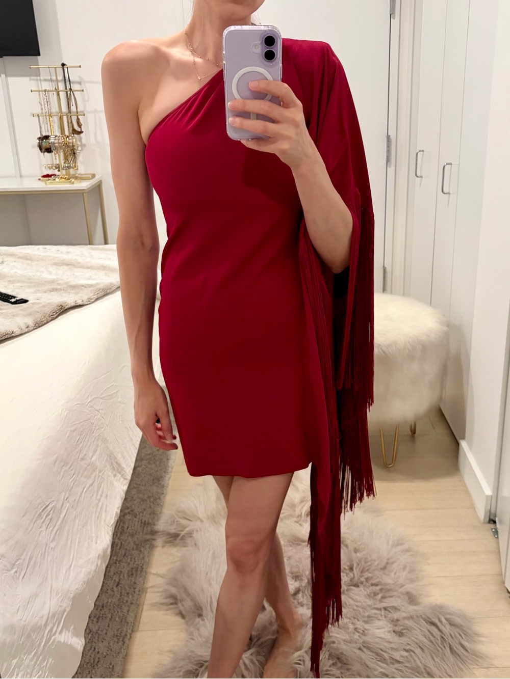 NWT Moschino One-Shoulder Red Fringe Mini Dress